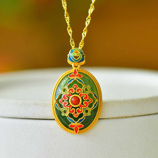 925 Silver-Inlaid Hetian Green Jade Pendant with "Continuous Blessings & Fortune" Meaning & Enamel Accents