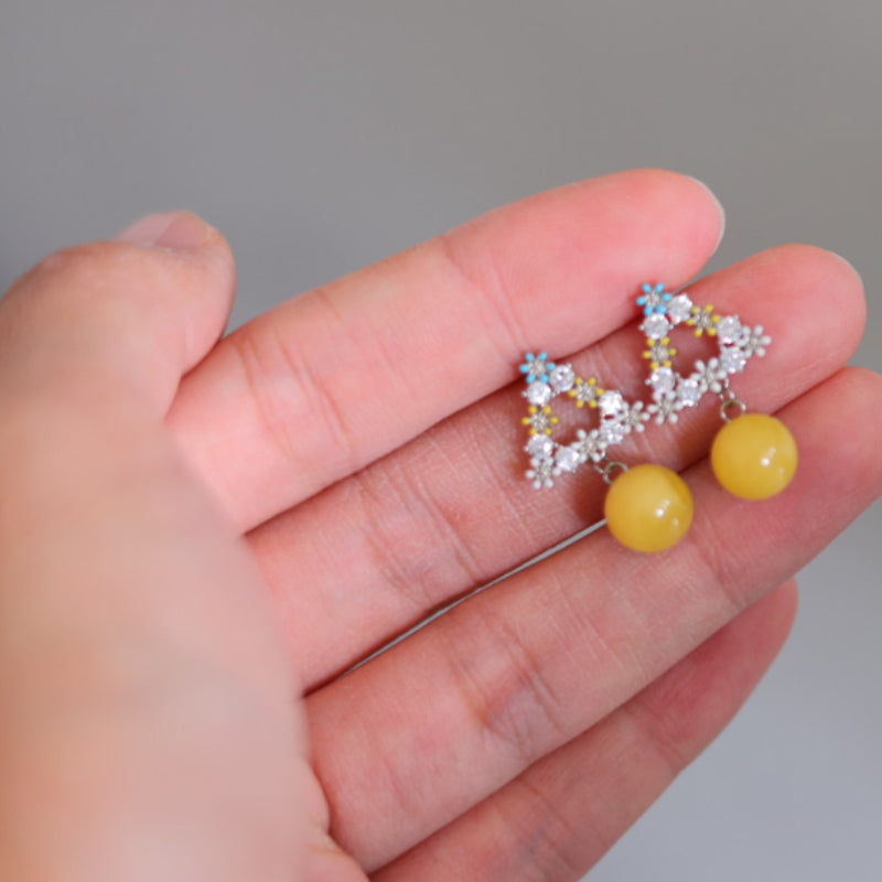 Natural Raw Ore Chicken Fat Yellow Amber Earrings