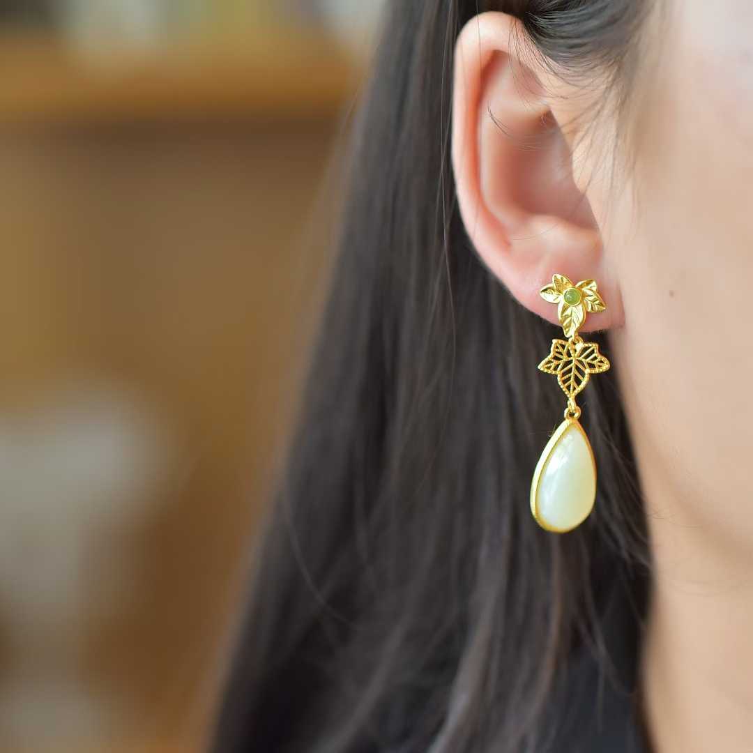 925 Silver Inlaid Nephrite "Golden Branch Jade Leaf" Earrings