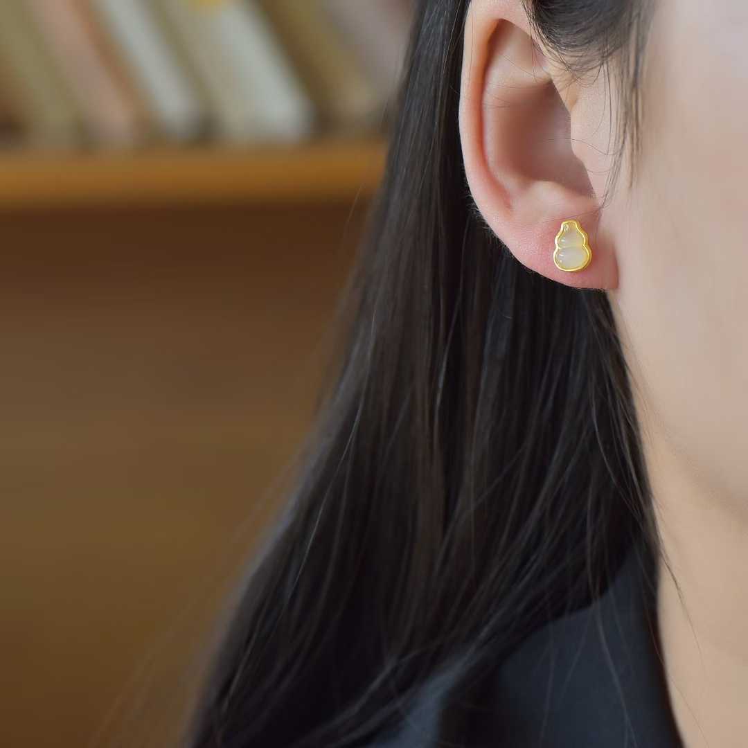 925 Silver Inlaid White Hetian Nephrite "Gourd for Double Blessings (Prosperity & Fortune)" Stud Earrings