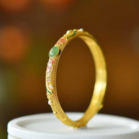 925 Silver Inlaid Hetian Jadeite (Jasper) "Lotus & Endless Luck" Enamel Bracelet