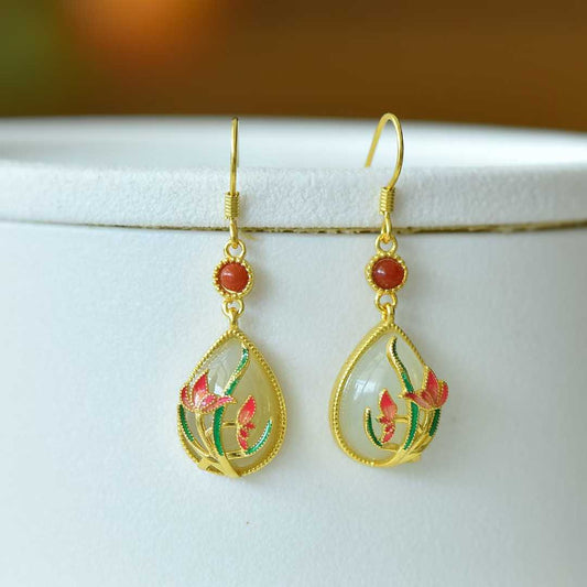 925 Silver Inlaid Nephrite "Harmonious Beauty" Teardrop Earrings