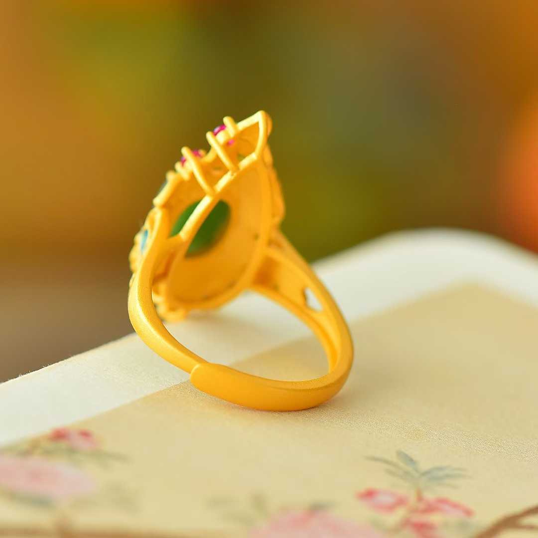 925 Silver Inlaid Hetian Spinach Green Nephrite Cabochon Peacock Enamel Ring