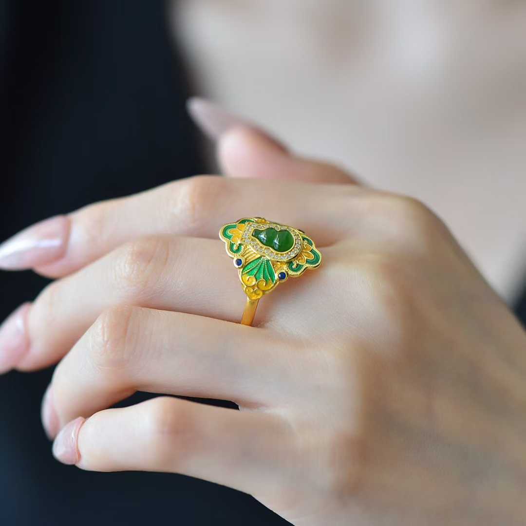 925 Silver Inlaid Hetian Nephrite Gourd "Fortune & Blessing" Ring