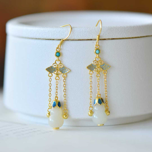 925 Silver Inlaid Nephrite "Blessings, Prosperity & Health" Tassel Earrings