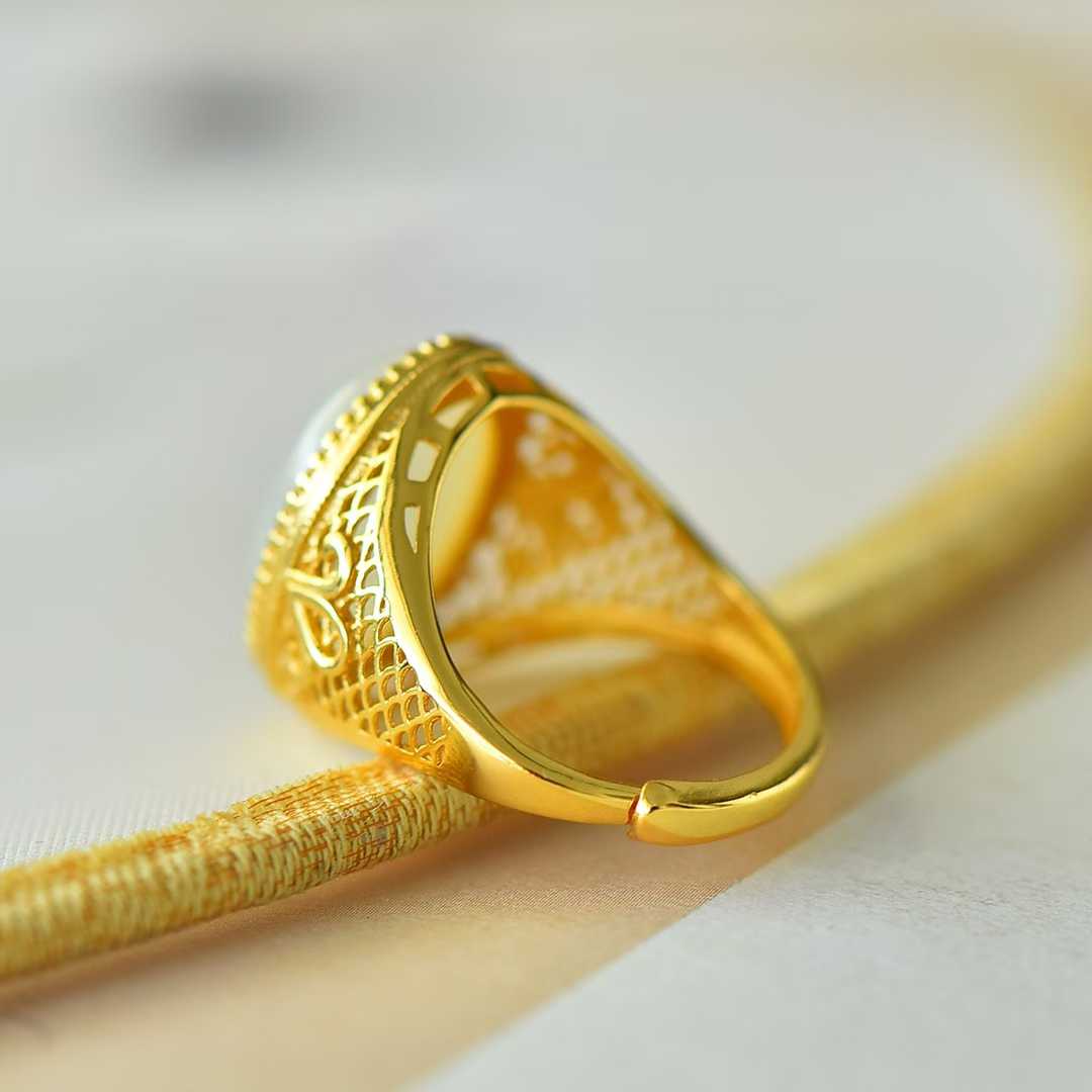 925 Silver Inlaid Hetian Nephrite "Love at First Sight" Cabochon Ring