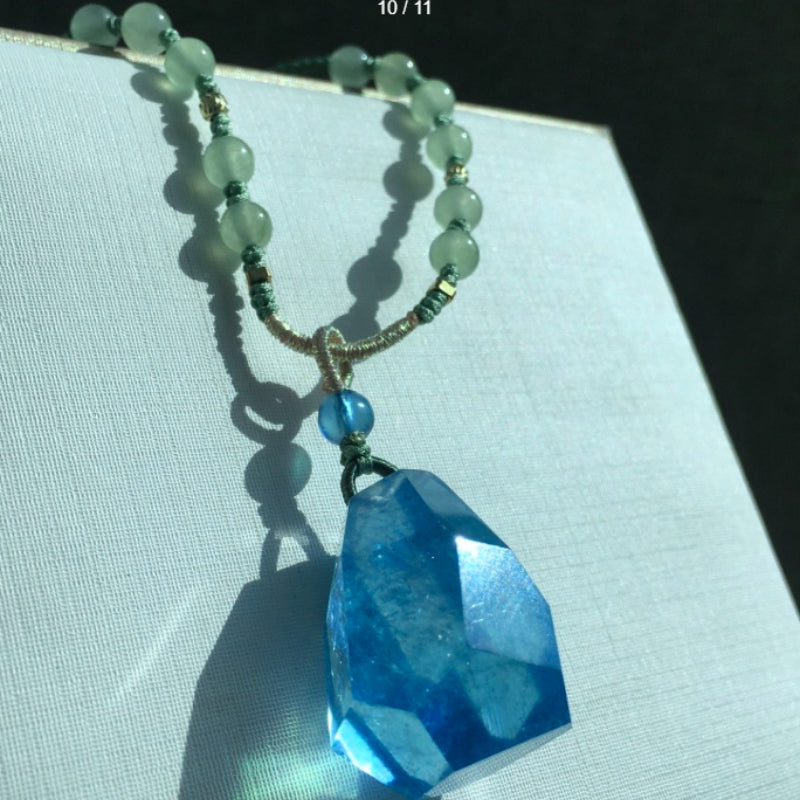 Natural Aquamarine Rainbow Flash Raw Crystal Pendant