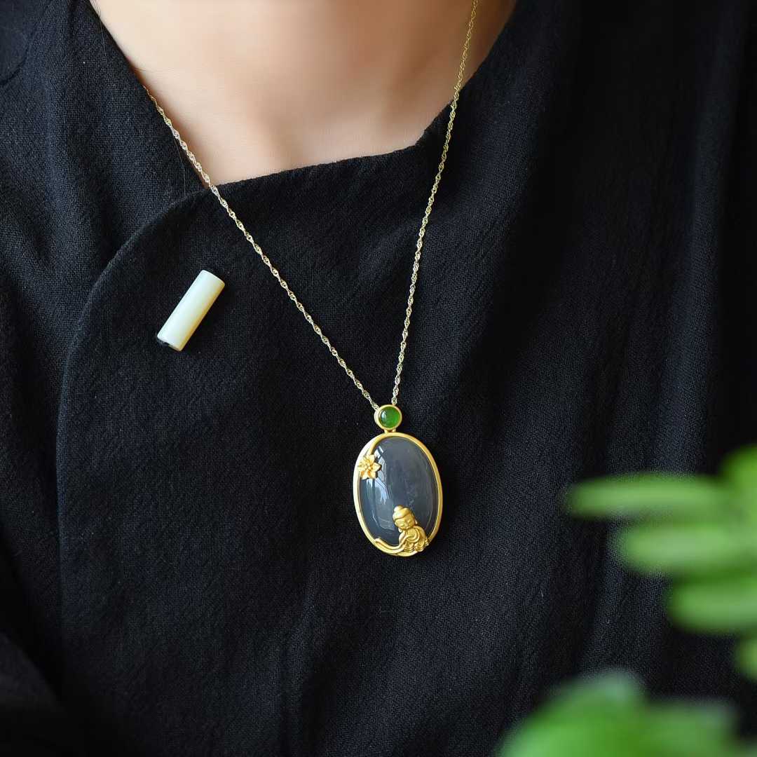 Ancient-Style Silver-Inlaid Hetian Jade Pendant (Smoky Cyan Cabochon)