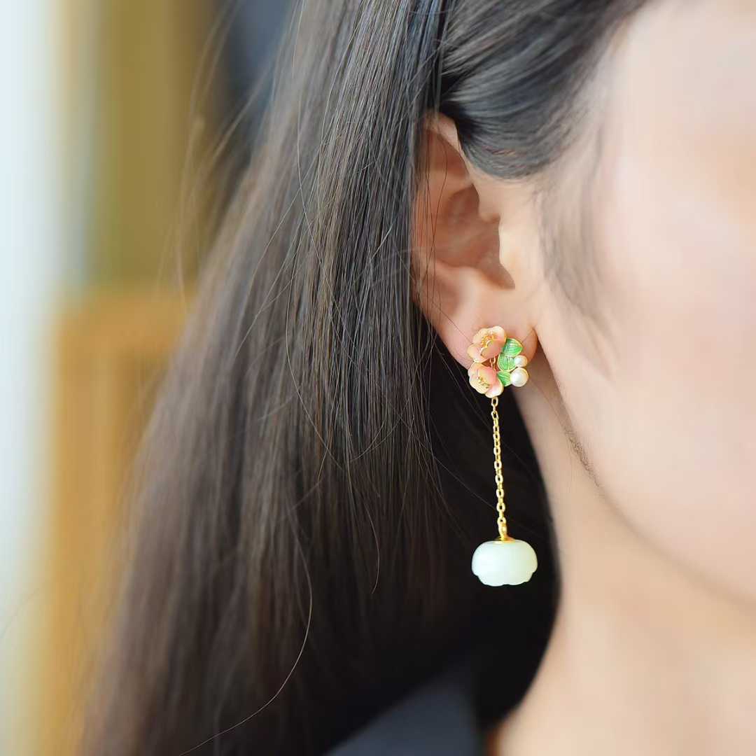 925 Silver Inlaid Hetian Nephrite "Lotus Bead & Lotus Earring"