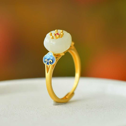 925 Silver Inlaid Hetian White Nephrite "Lotus, Auspicious Clouds & Continuous Blessings" Enamel Ring