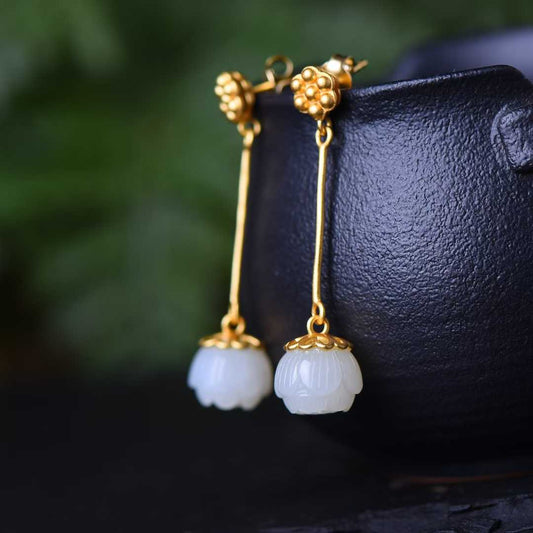925 Silver Inlaid Nephrite Lotus Seed Pod Earrings