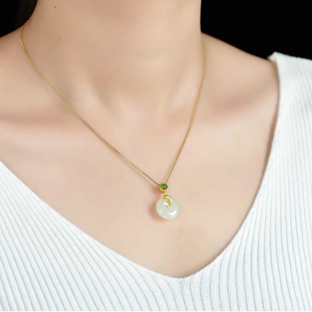 925 Silver Inlaid Hetian Nephrite "Dolphin & Peace Buckle" Pendant