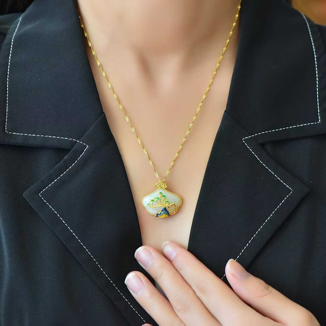 925 Silver Inlaid Hetian Nephrite "Wanli Rivers & Mountains" Ruyi Lock Pendant