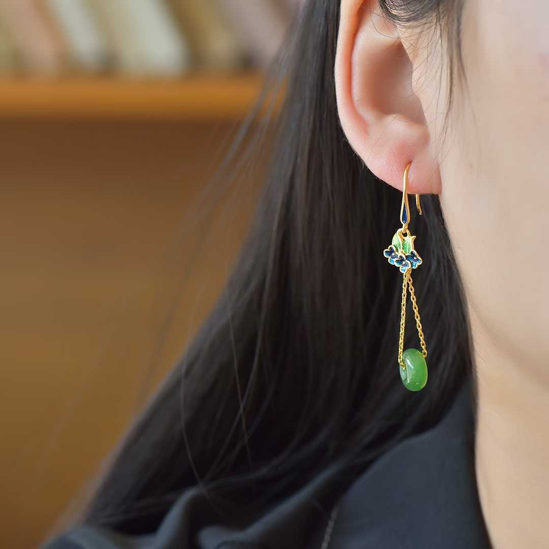 925 Silver Inlaid Hetian Green Nephrite "Peace & Smooth Sailing" Earrings