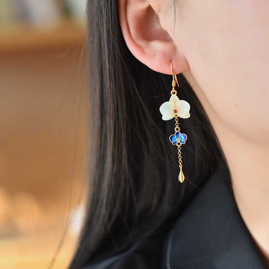 Traditional dragon scale Hetian jade earrings - sterling silver inlay