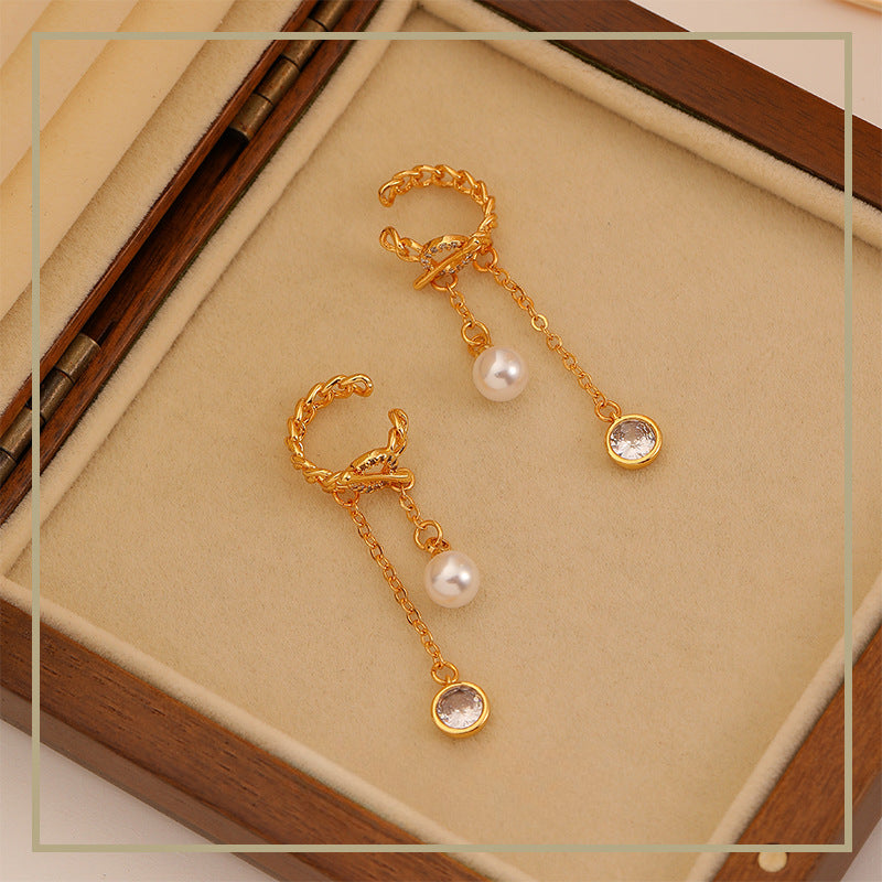 High-grade pearl ot buckle tassel ear bone clip non-pierced earrings - jewelryweilin