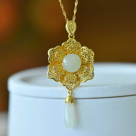 925 Silver Inlaid Hetian Nephrite "Blossoming Flowers & Prosperity" Pendant