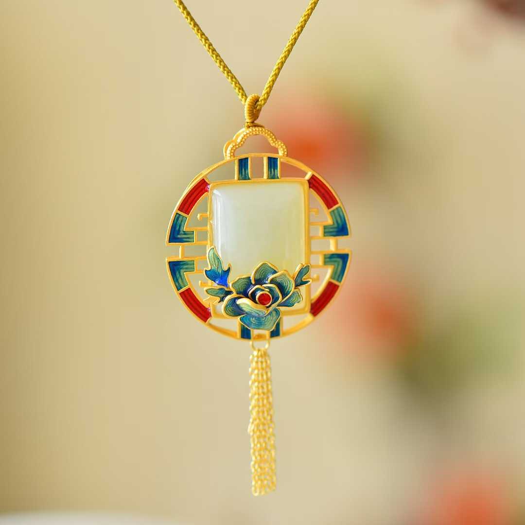 Vintage-Style Silver Inlaid Nephrite Square Enamel Pendant