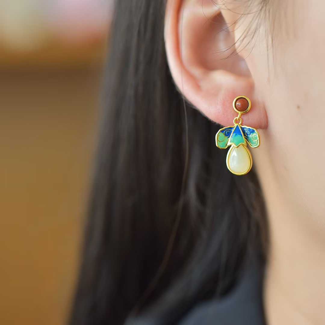 925 Silver Inlaid Nephrite "Blessings Before Eyes" Teardrop Enamel Earrings