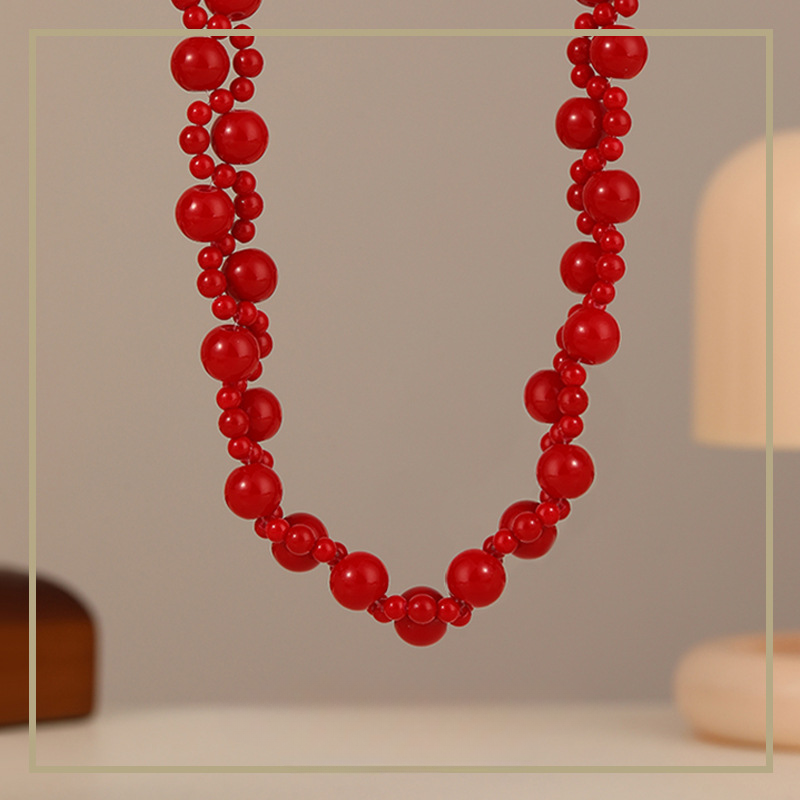Chinese style retro double layer twisted red beaded necklace - jewelryweilin
