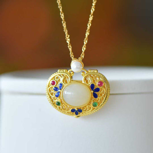 S925 Silver Inlaid Hetian Nephrite "All Wishes Come True & Ruyi Lock" Pendant