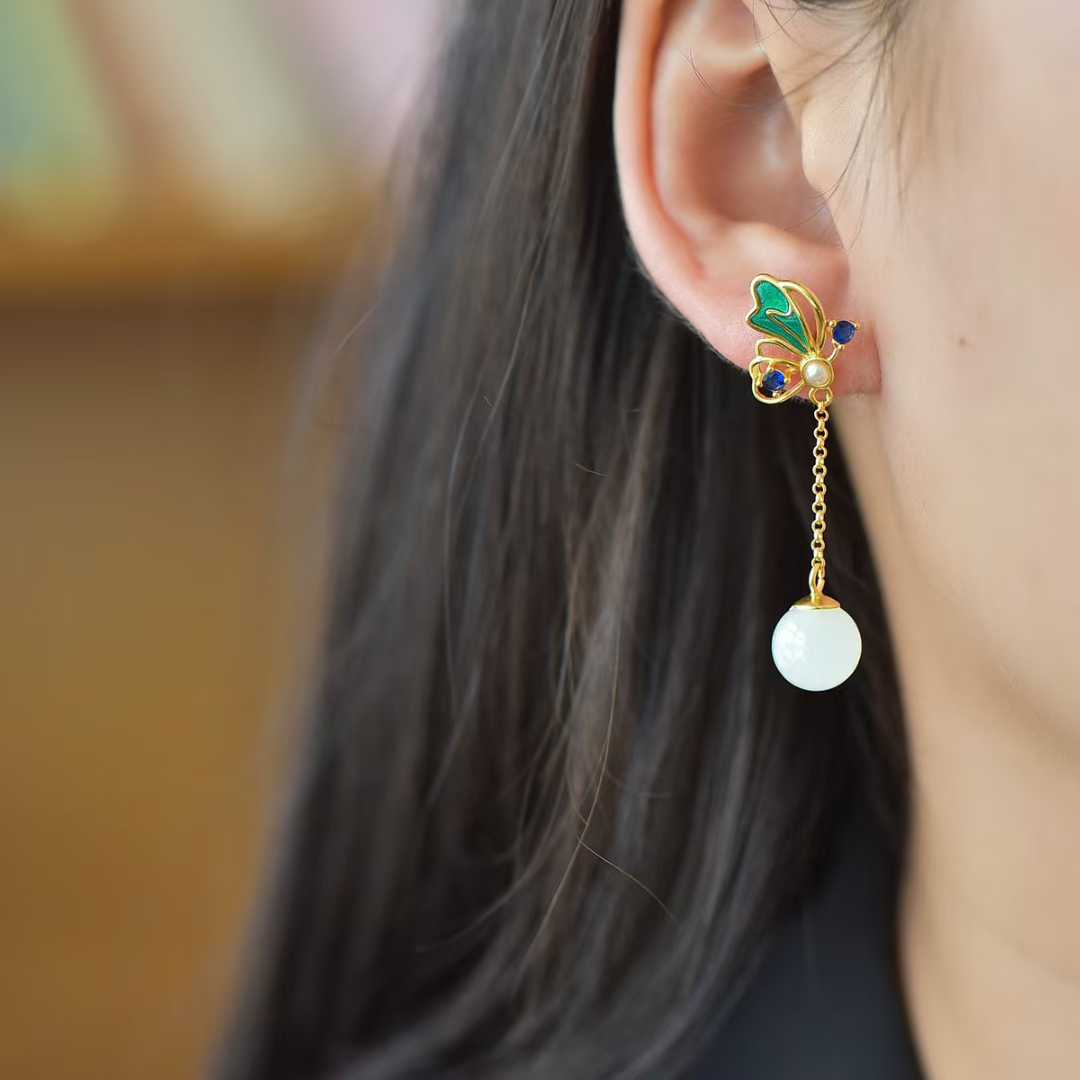 925 Silver Inlaid Nephrite "Butterflies in Flight" Stud Earrings