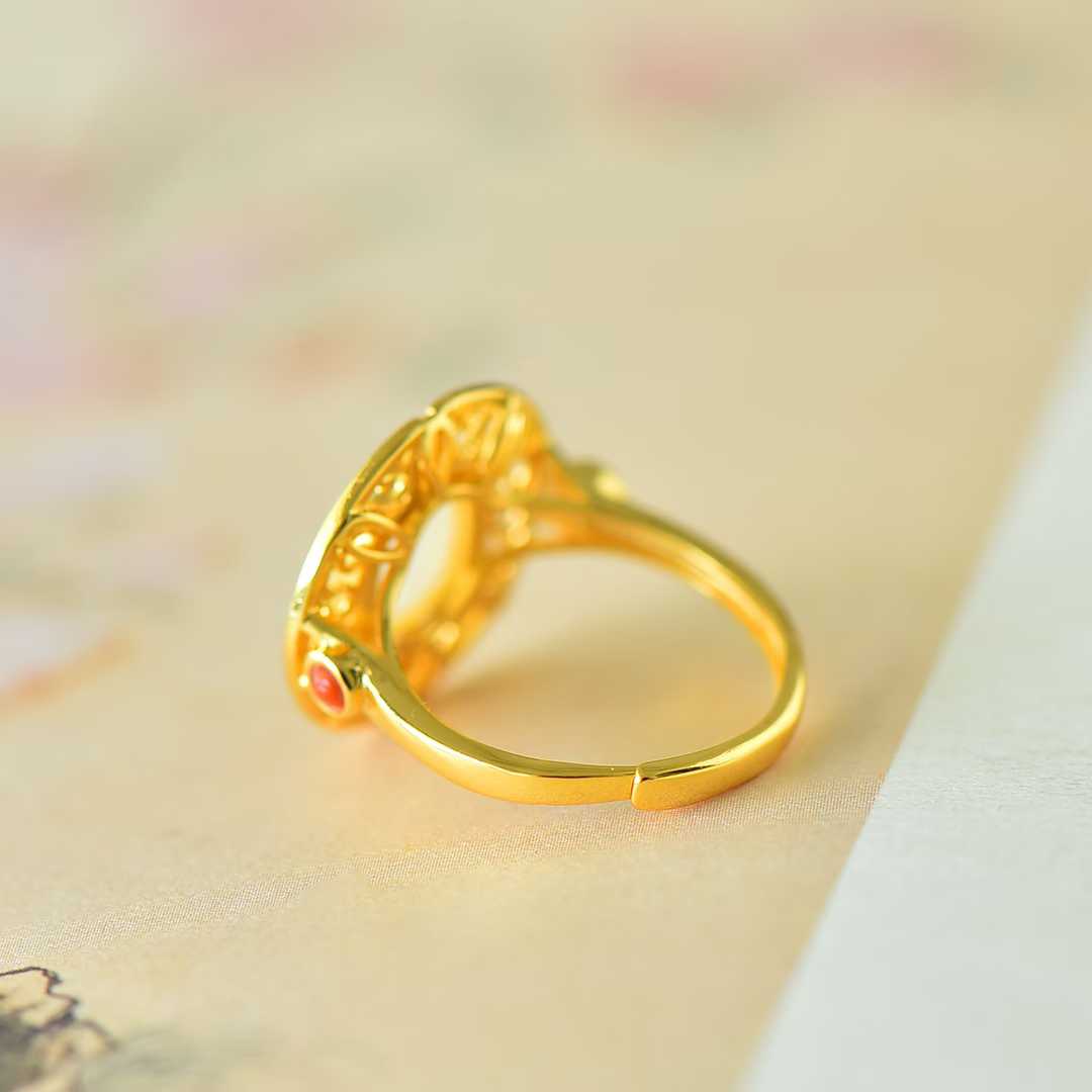 925 Silver Inlaid Hetian Nephrite "Longevity Vine" Ring