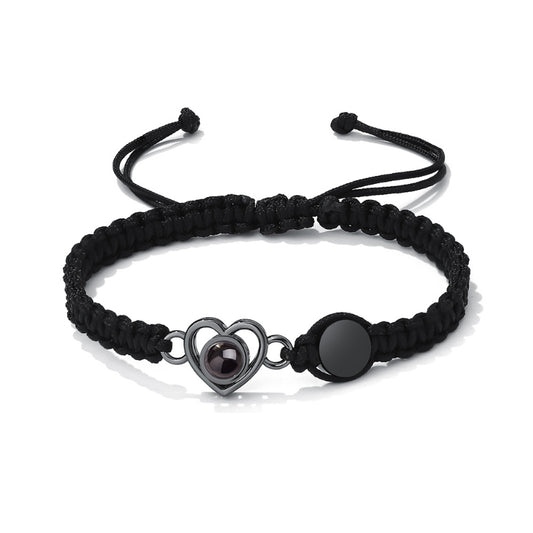 Color photo projection heart engraved braided rope bracelet