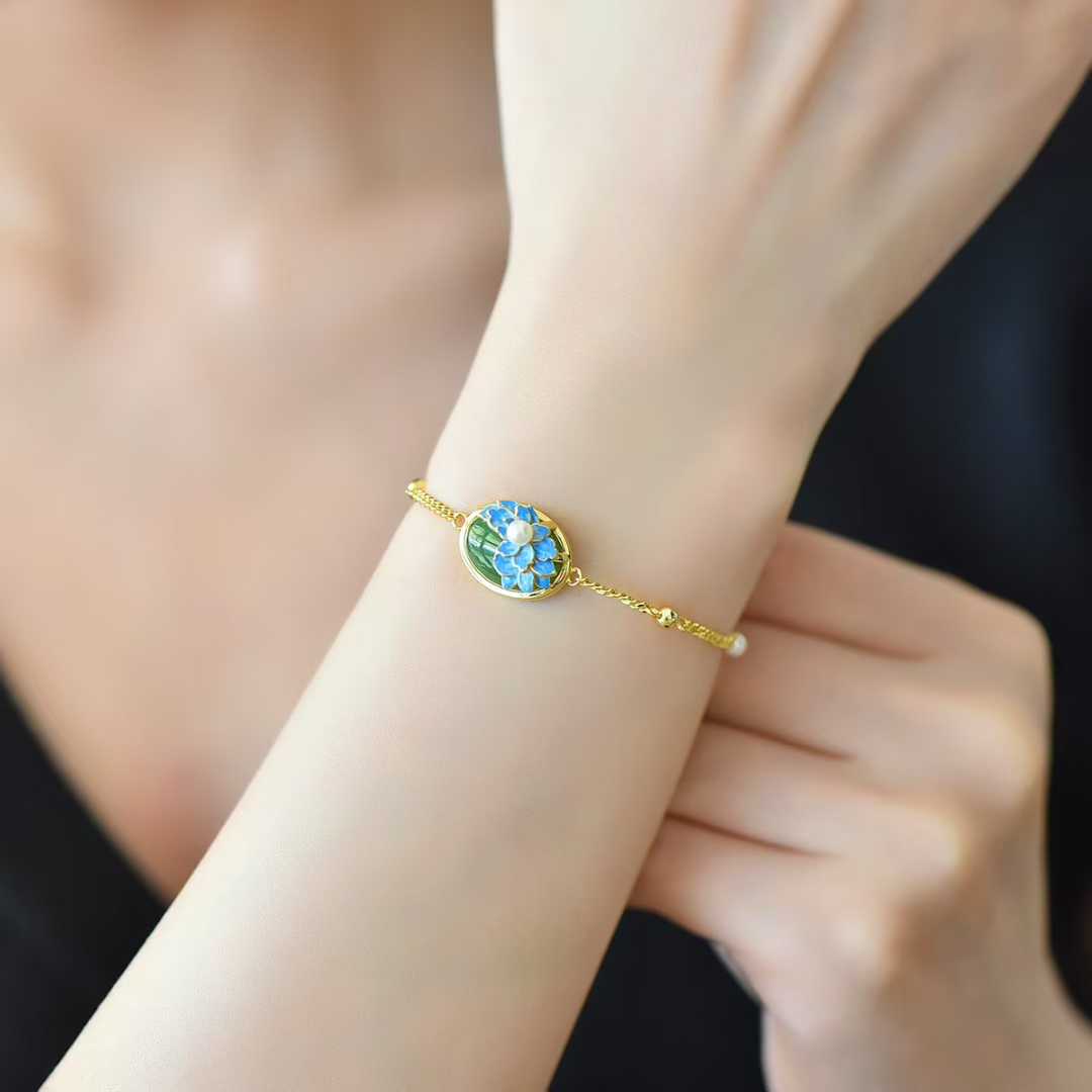 925 Silver Inlaid Hetian Nephrite "Prosperous Peony" Bracelet