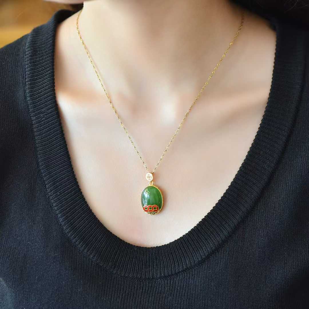 925 Silver Inlaid Hetian Nephrite "Coin" Pendant