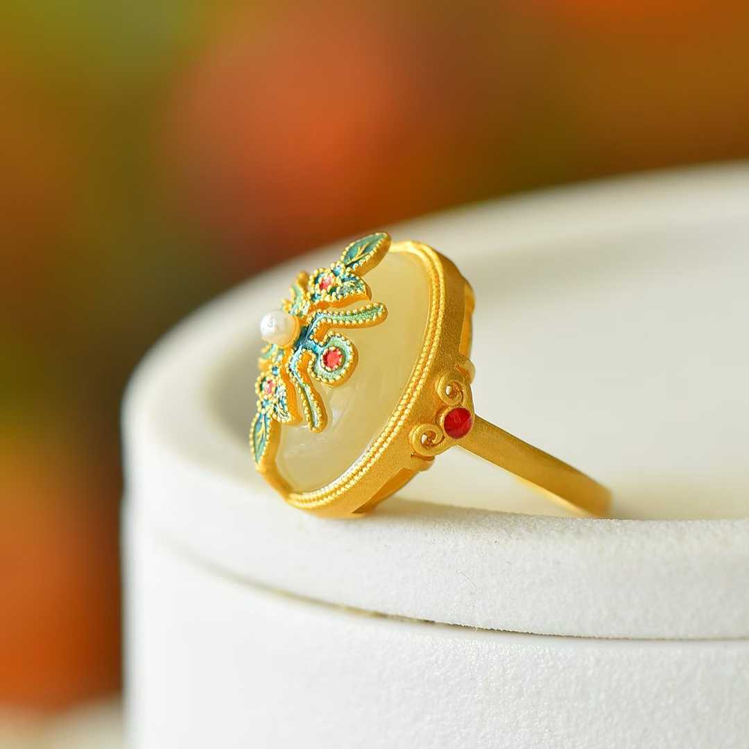 925 Silver Inlaid Enamel & White Hetian Nephrite "Blessing & Longevity" Ring