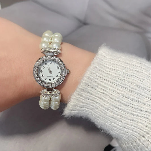 Pearl round dial elastic watch