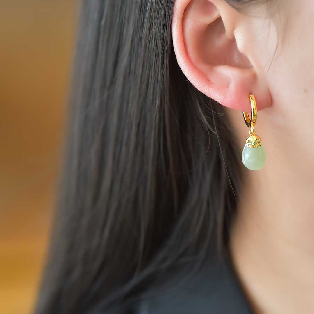 925 Silver Inlaid Qinghai White Nephrite "Golden Breeze & Jade Dew" Teardrop Stud Earrings