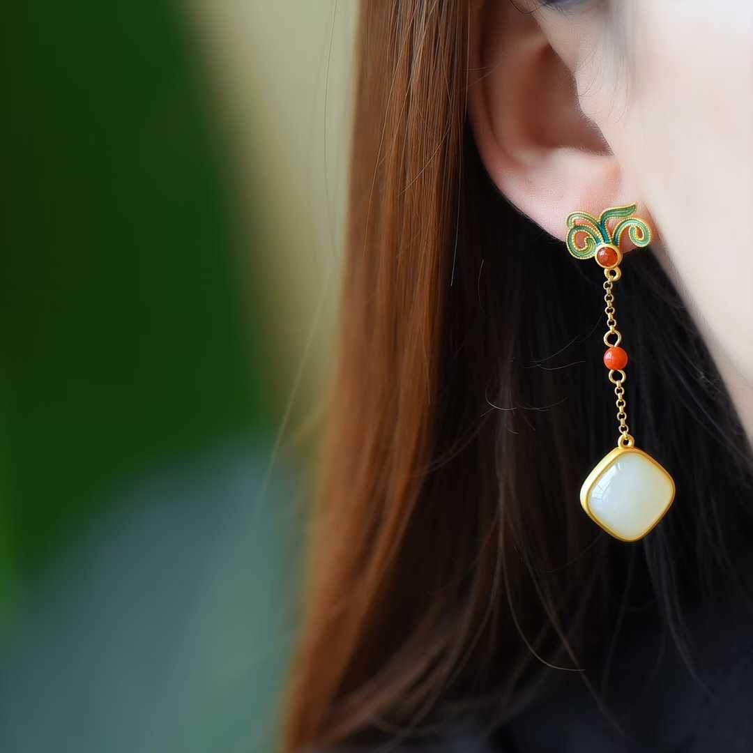 925 Silver Inlaid Natural Nephrite Drum-Face Earrings