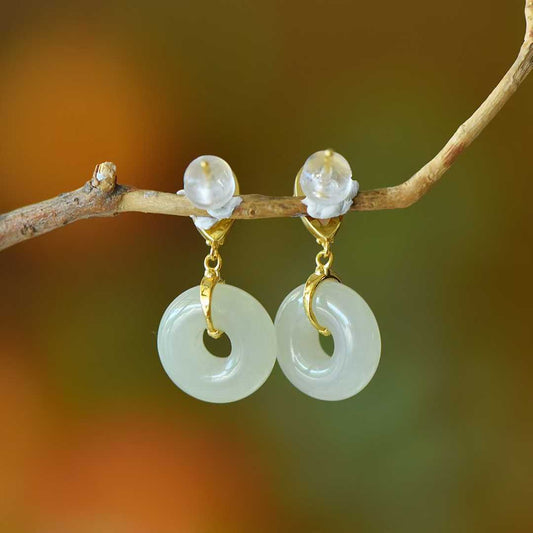 925 Silver Inlaid White Hetian Nephrite Peace Ring with Mother of Pearl Stud Earrings