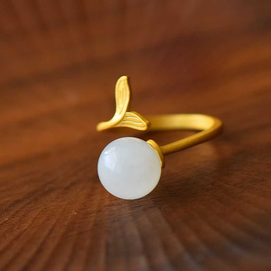 925 Silver Inlaid Hetian Nephrite Mermaid Tail Ring