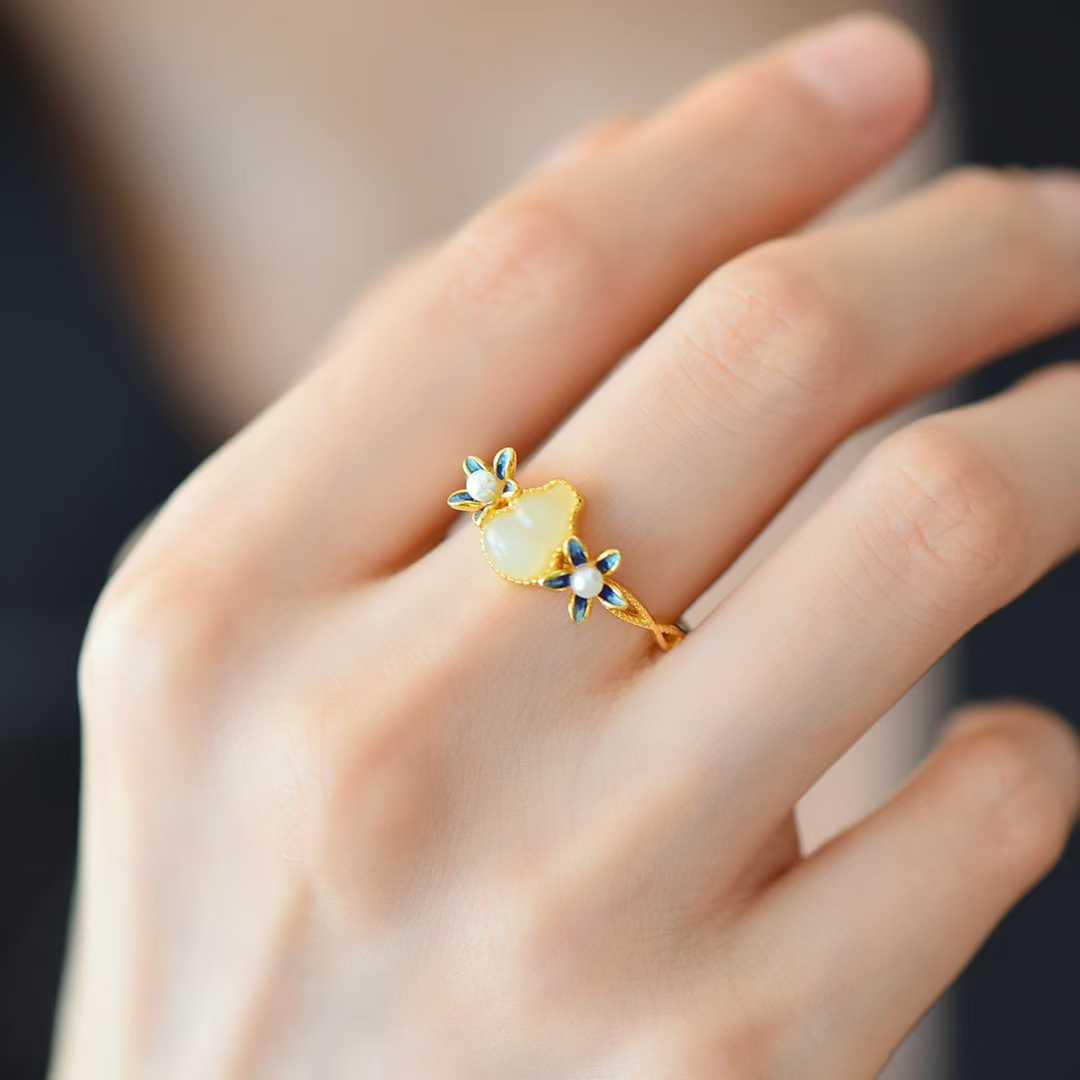 925 Silver Inlaid Hetian Nephrite "Gourd & Orchid" Ring