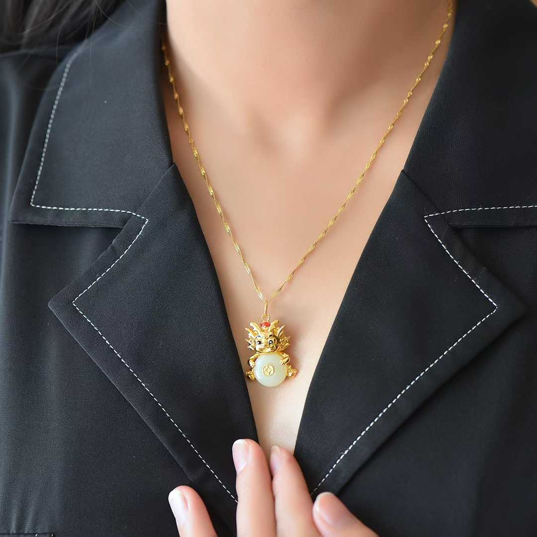 925 Silver Inlaid Nephrite "Ping An Kou" with "Flowing Wealth" Little Fortune Dragon Pendant