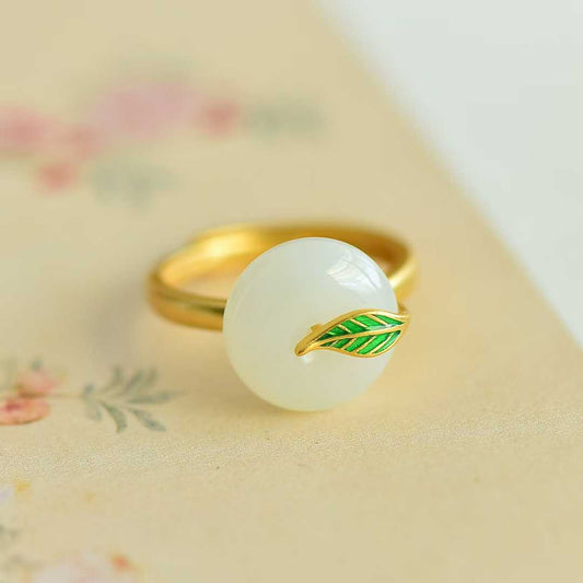 925 Silver Inlaid Hetian Peace Buckle Ring