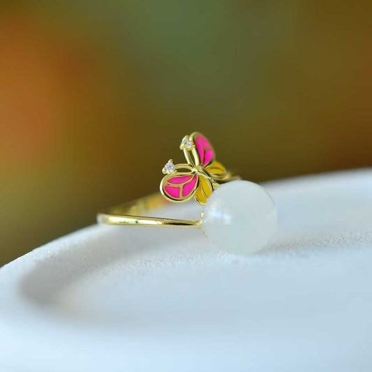925 Silver Inlaid 10mm Hetian Nephrite Bead "Butterfly" Ring - jewelry - weilin.com