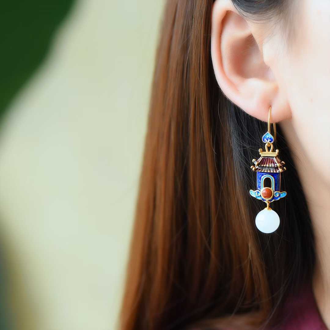 925 Silver Inlaid 10mm White Jade Enamel Earrings - jewelry - weilin.com