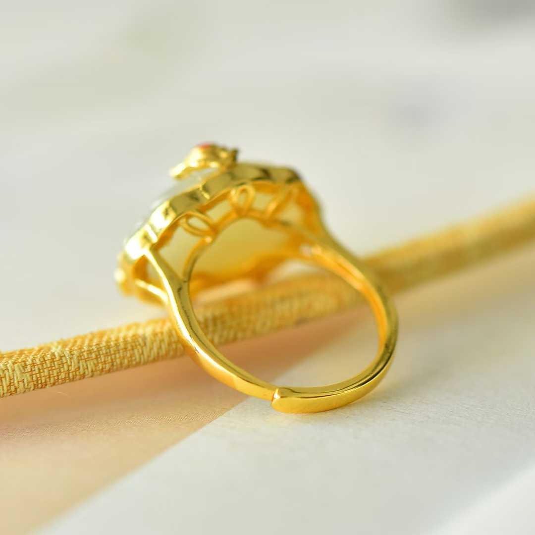 925 Silver Inlaid Blue Enamel & White Hetian Nephrite "Peace & Prosperity" Ring - jewelry - weilin.com