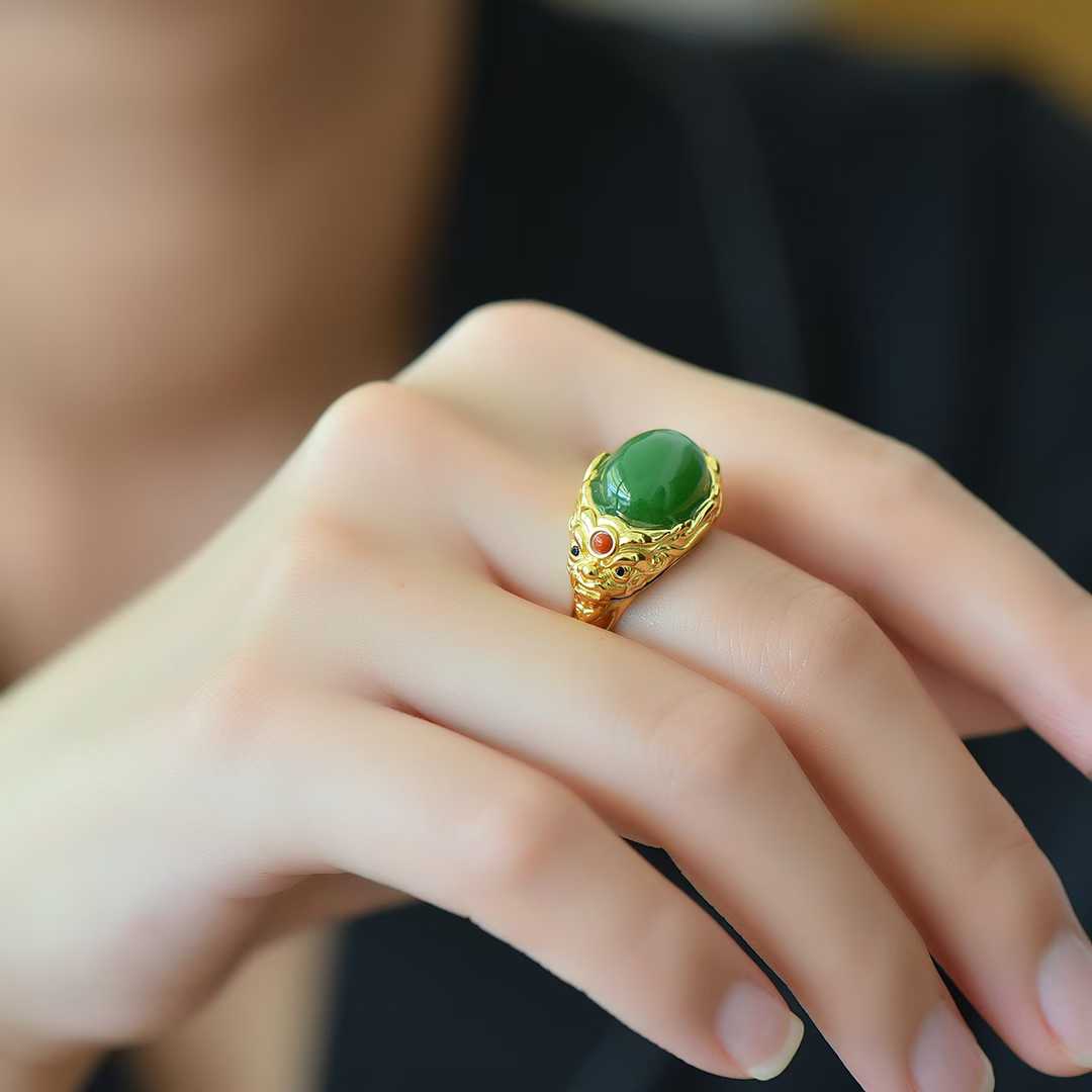 925 Silver Inlaid Enamel and Hetian Green Nephrite "Peace and Longevity" Ring - jewelry - weilin.com
