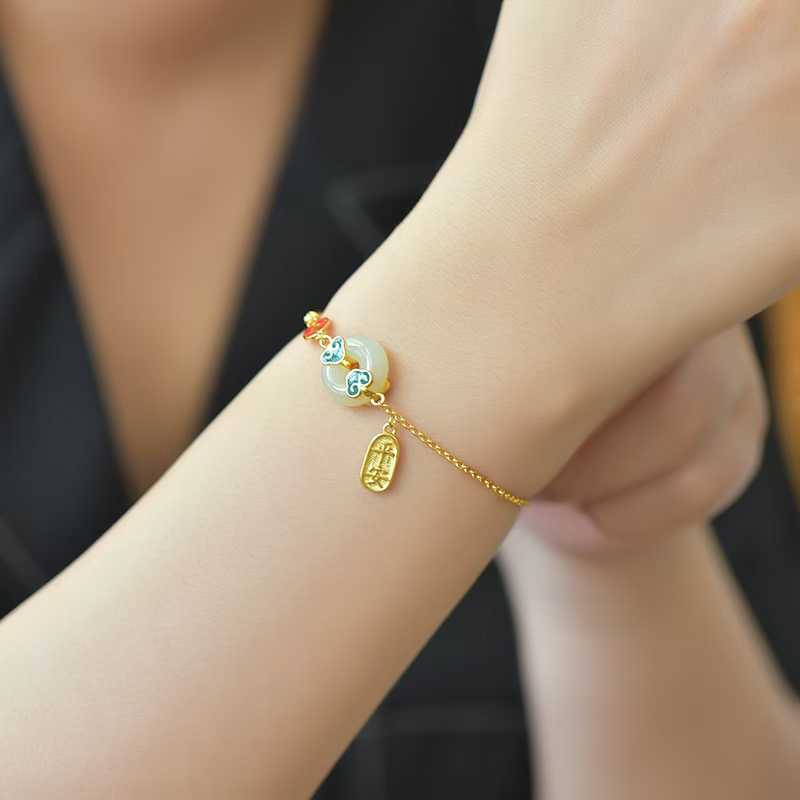 925 Silver Inlaid Enamel & Hetian Nephrite "Safe & Sound" Bracelet - jewelry - weilin.com