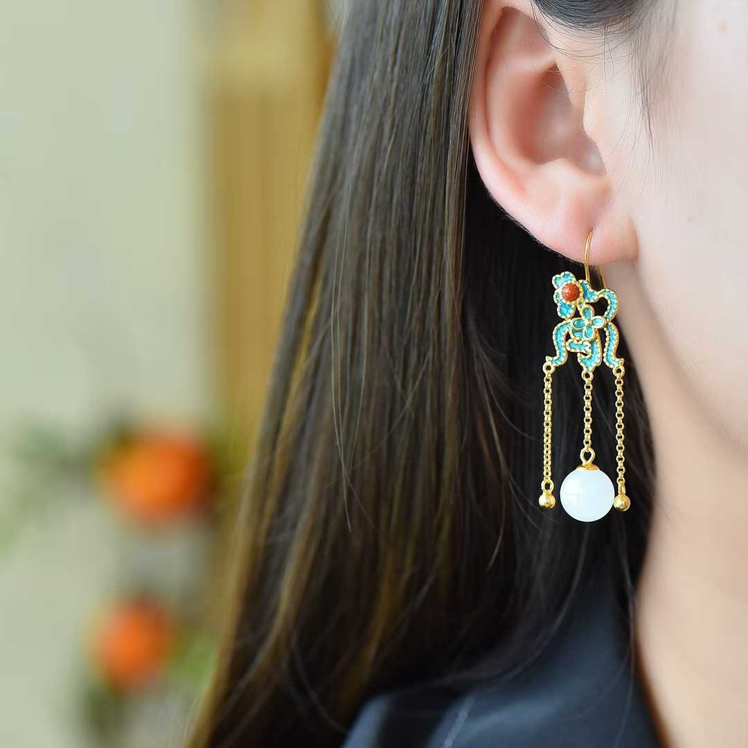 925 Silver Inlaid Half - Drilled Enamel Bead Earrings - jewelry - weilin.com