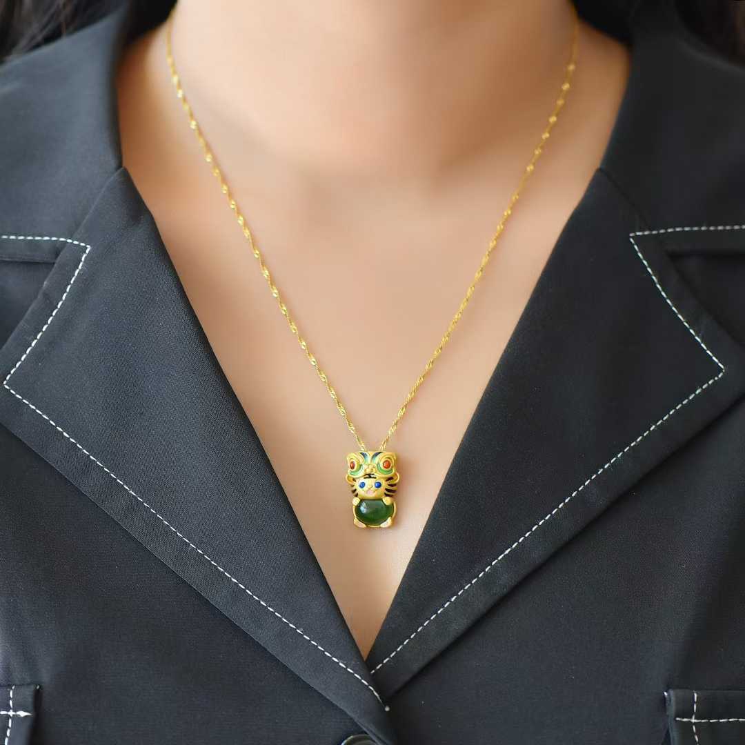 925 Silver - Inlaid Hetian Green Jade Cabochon Pendant with "Auspicious Tiger Exuding Power" Design & Enamel Accents - jewelry - weilin.com