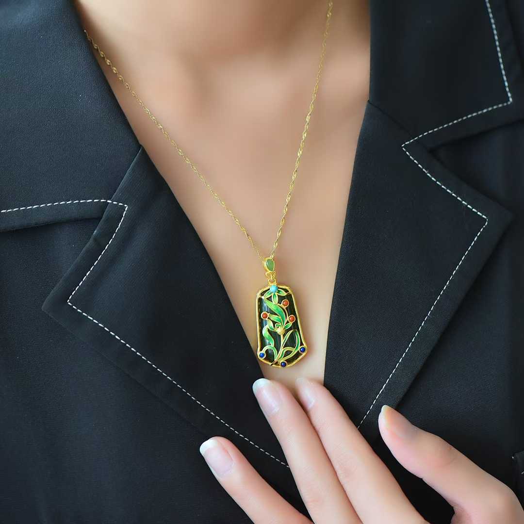 925 Silver - Inlaid Hetian Green Jade Pendant (Trapezoidal Peace Plaque, Magnolia & Flower - Grass Design) - jewelry - weilin.com