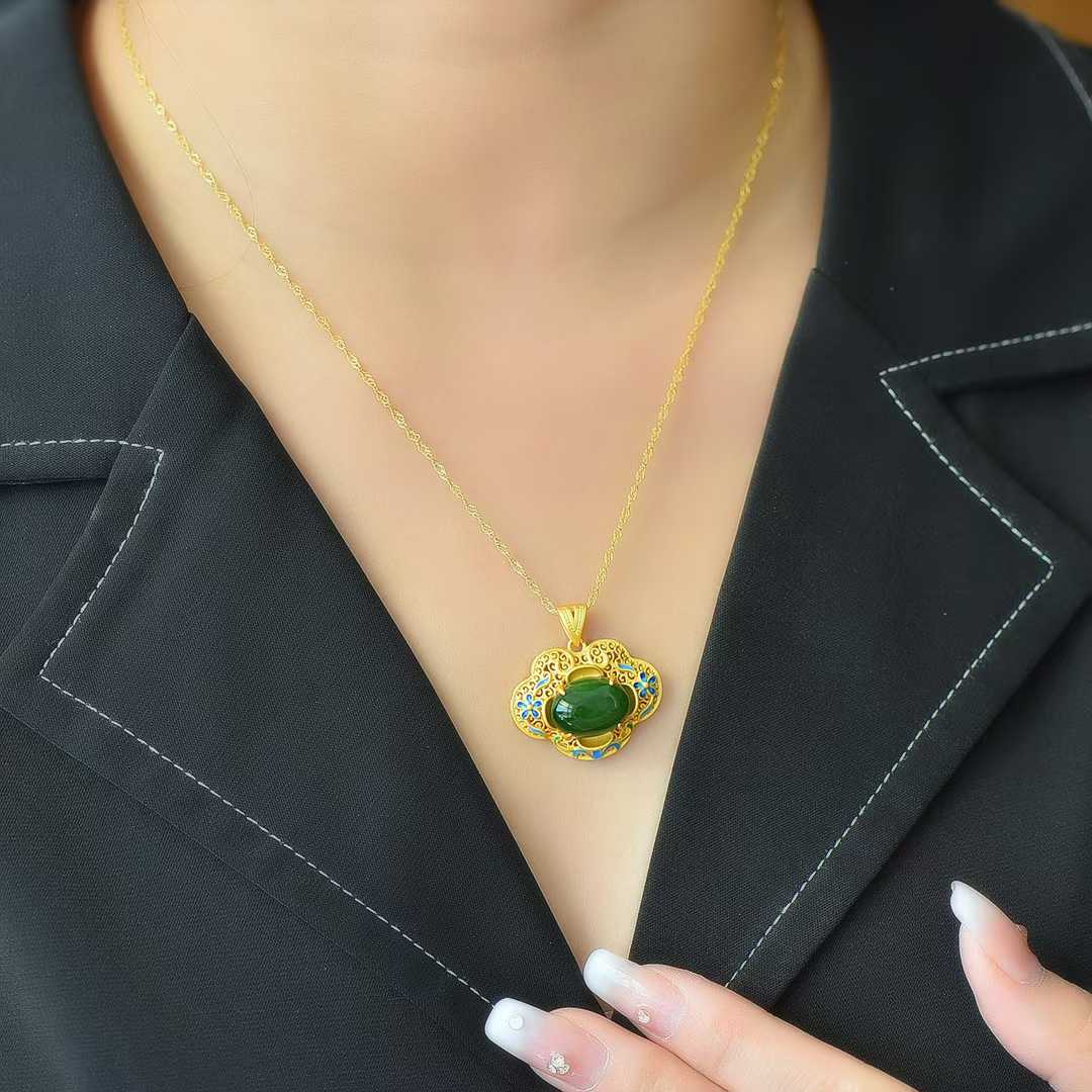 925 Silver Inlaid Hetian Green Nephrite "Blooming Prosperity & Enamel" Pendant - jewelry - weilin.com