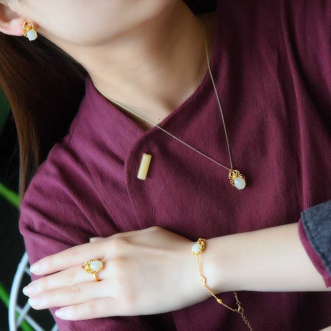 925 Silver Inlaid Hetian Jade Four - Piece Set - jewelry - weilin.com