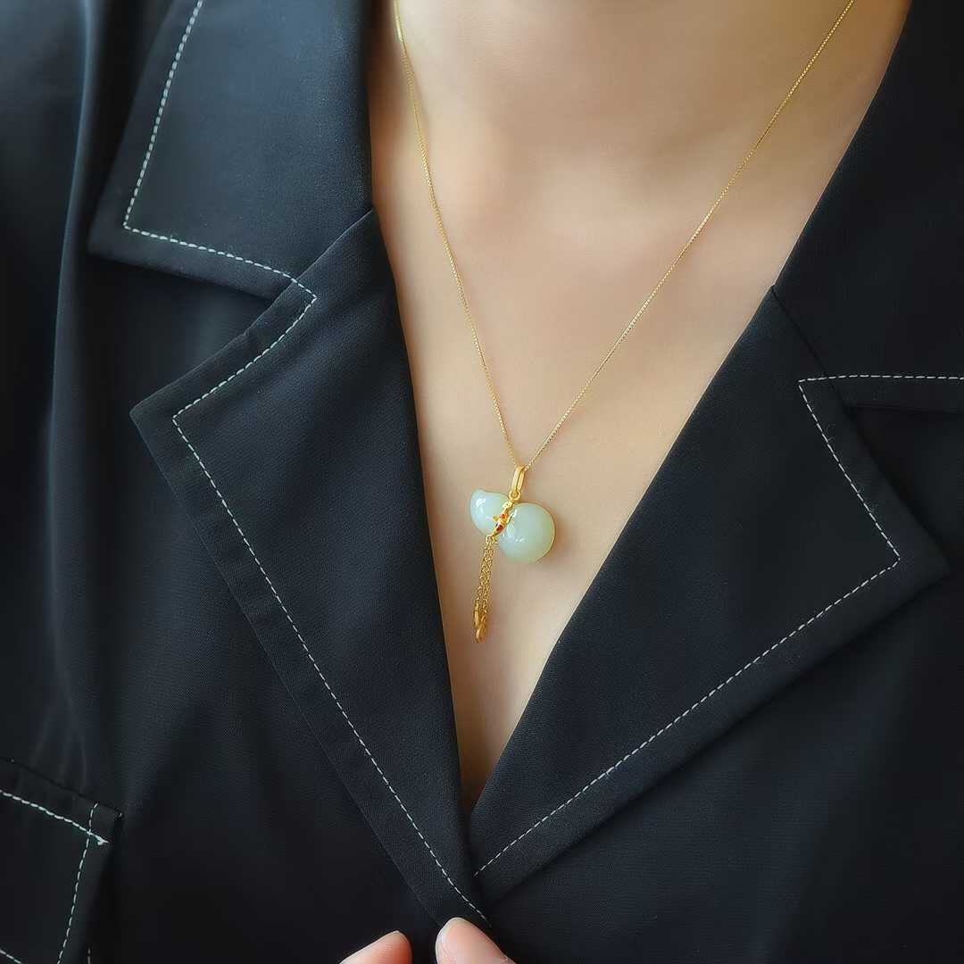 925 Silver - Inlaid Hetian Jade Pendant "Blessings, Prosperity & Abundance" - jewelry - weilin.com